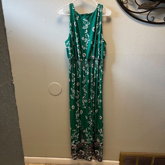 Jon & Anna Green Maxi Dress Beaded Neckline Floral Sleeveless Elastic Waist 3X - Picture 7 of 14